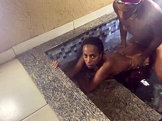 Skinny babe loves taking cock in the kitchen. I wrecked her ass in the pool.