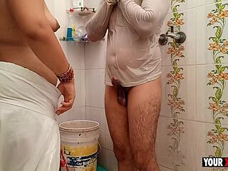 Ladka gets warmed by chubby stepmom in rainy bath