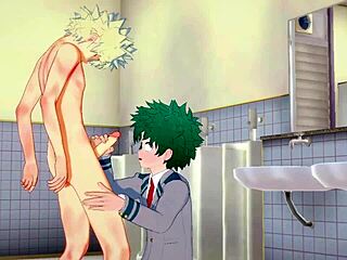 My Hero Academia yaoi features Midoriya and Bakugou in hard sex with handjob, blowjob, fucked creampie in group bareback anime cartoon costumes Japanese 3some twink cosplay hentai.