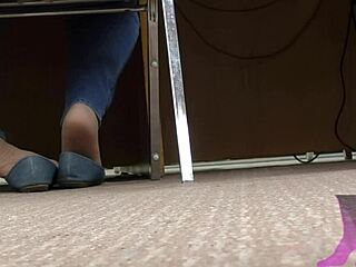 Wife's Candid Library Shoeplay in Nude Nylons, Wow!