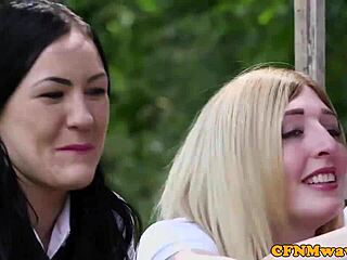 British CFNM sluts wank off bound dude's cock