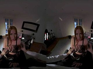 i'm in the dark room vr with this tattooed redhead, her big tits and ass in stockings, giving a blowjob