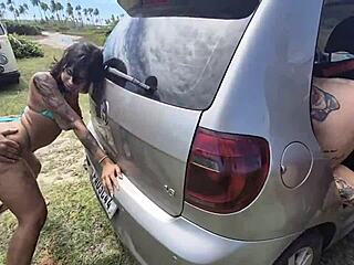 bareback car romp with blonde friend and three hung guys pounding pussies