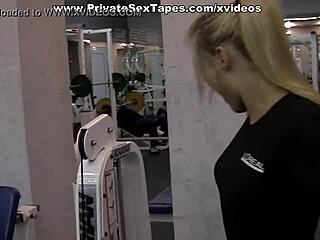 Sexy blonde girlfriend doing sports and blowjob in gym