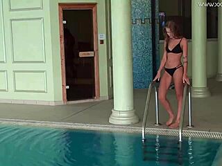 Petite 18-Year-Old Fingers Tight Pussy Poolside with Small Tits