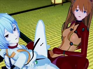 asuka and rei synchronize tight juicy pussies in evangelion hentai