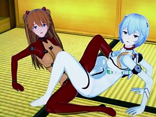 asuka and rei synchronize tight juicy pussies in evangelion hentai