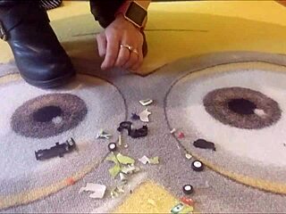 Gorgeous giantess in boots and heels dominates with machines.