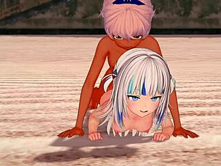 gawr gura gets interracial blowjob on the beach