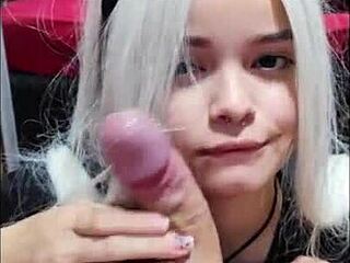 white moon sucks from balls to head on big cock