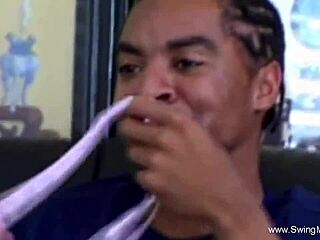 Ebony wifey takes white cock banging in anal threesome! Feels so good at cuckold wedding swingers party