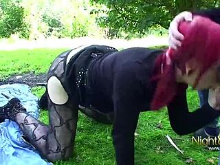 The horny redhead's pussy gets fucked hard next door outdoors