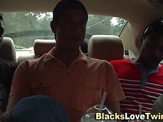 Ebony gay guy masturbates cock in group threesome, achieving intense cumshot