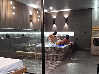 In the bathtub, wild sex erupts as the brunette struggles with my cock