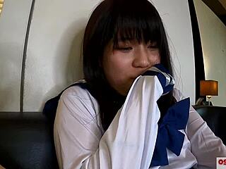 Cute 18yo in sailor uniform squirts hard from fingering and blowjob, then gets creampied in missionary 😍