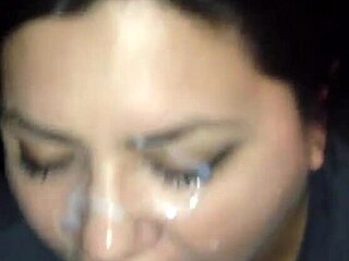 brunette teen gets facial after sucking big cock