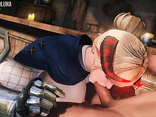 Luštna plavolasa demonka kontrastira nedolžnost z globokim analnim jebanjem in sesanjem