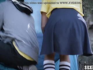 petite nympho teen, uh, sucks dirty guy's huge cock... so wrong!