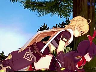 amber and fischl have intense sex with aether in genshin hentai