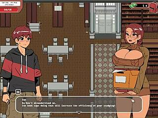 Nerdy girl gives public handjob in library during hentai game