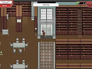 Nerdy girl gives public handjob in library during hentai game