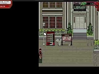 Nerdy girl gives public handjob in library during hentai game