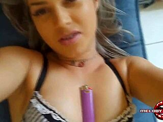 Melody antunes tests the sofa with a dick and lets him cum in her mouth.