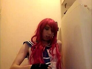 Redhead Crossdressing Trap Jerks Off And Swallows Cum