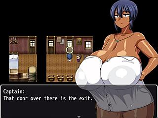 In the hentai game, tanned girl Natsuki flashes huge tits to help the captain jerk off.