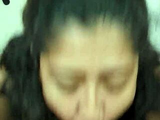 Latina wife gives intense blowjob close-up, jumping on him.