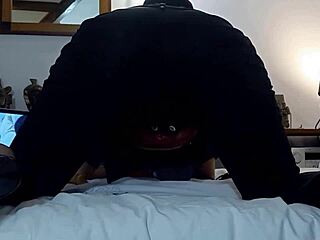 french slut in leather pants and thong gets doggy style fucking