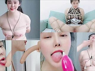 Enjoying humiliating bondage with vibrator and toys in roleplay.