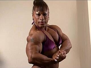Muscular tall bodybuilder women flex biceps in femdom intensity