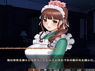 In the hentai game, maid Hozuki feels intense pleasure with her big tits bouncing in scene 4