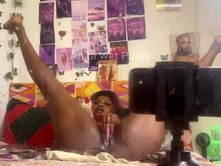 She masturbates pussy with dildo, fingering doggystyle in front of mirror