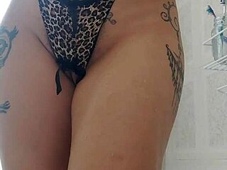 colombian latina with tattoo masturbates in shower using dildo and fingering her pussy