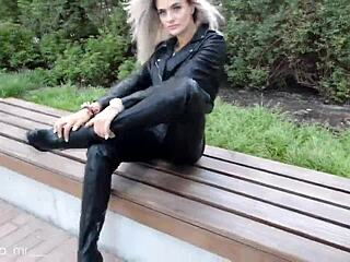 Russian Blonde in Full Leather Teases with Heels and Ass Licking Fetish.