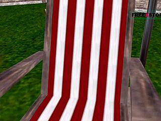 in this 3d cartoon anime hentai, a cute girl masturbates with banana near swimming pool