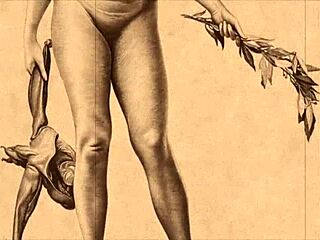 Vintage anime hentai drawings depict erotic scenes