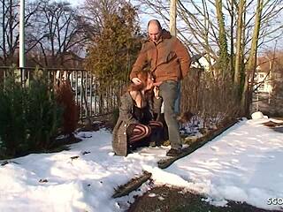 Real ginger street whore bangs stranger outdoor without condom.