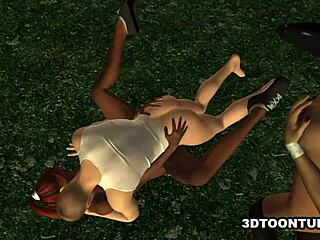 Two bi 3d hentai babes lick each other outdoors and share hardcore cock blowjob