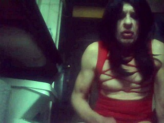 Transsexual black bitch gets anal assfucking with dildo and toys leading to cumshot.