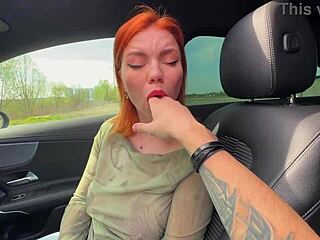 Redhead swallows driver's big cock cum after deepthroat