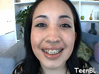 gorgeous teen intensely rubs her pussy before wild blowjob