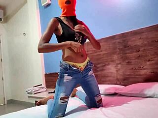 My brunette stepsister wants to celebrate Halloween in a hotel bed with a mask.