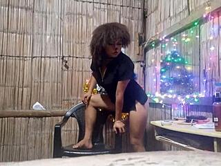 Beautiful Asian woman passionately fucks pizza boy in old house on Christmas