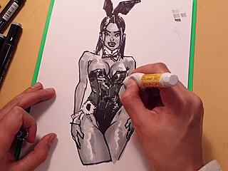 drawn hot sexy girl in latex quick sketch with markers