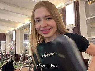 Gym beauty with stunning looks accepts my invite for steamy bathroom sex encounter.