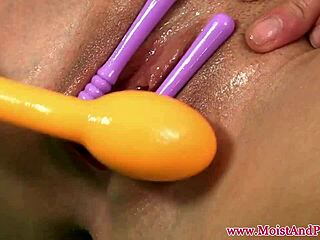 Solo Babe Spreads Shaved Pussy on Sofa and Toys Clit to Close-Up Orgasm