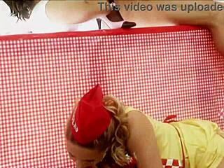 Milf waitresses Diana Gold and Eva Mercedes take big cocks in interracial ffmm foursome with facial cumshots